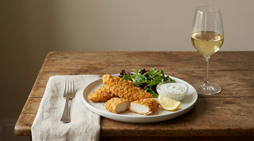 Aiguillettes de poulet panées dorées, quartier de citron, sauce blanche, verre de vin blanc