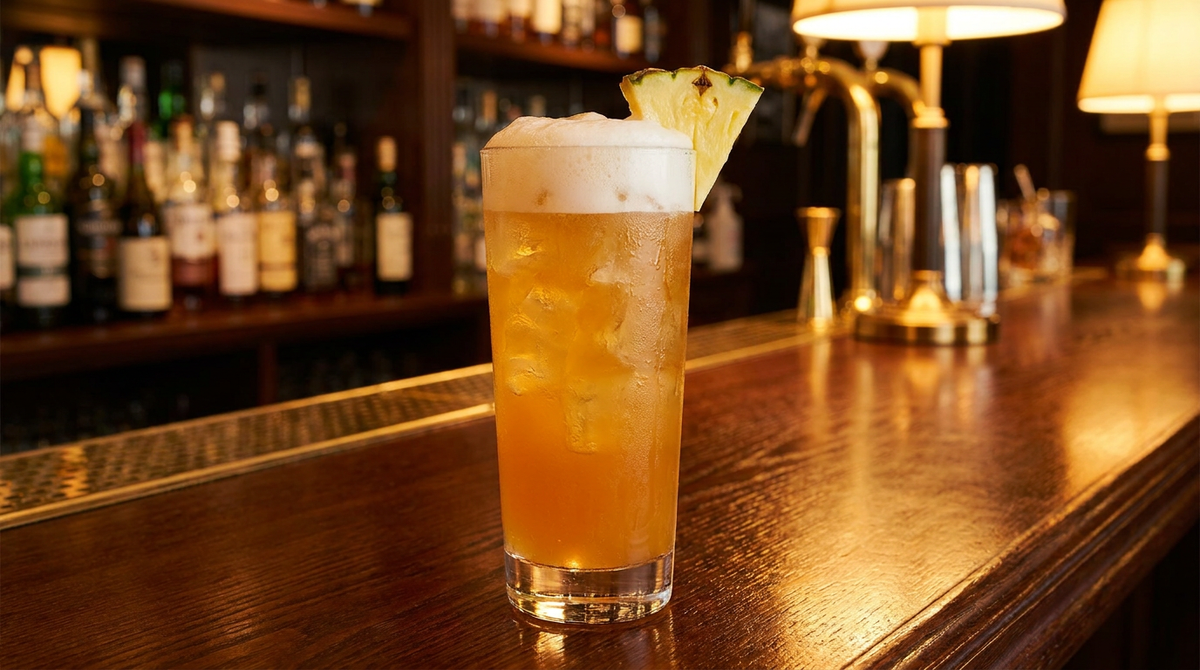 Verre haut rempli de glace et d'un cocktail jaune orangé surmonté d'un col de mousse fine, quartier d'ananas sur le bord, comptoir de bois ciré sombre, lumière chaude
