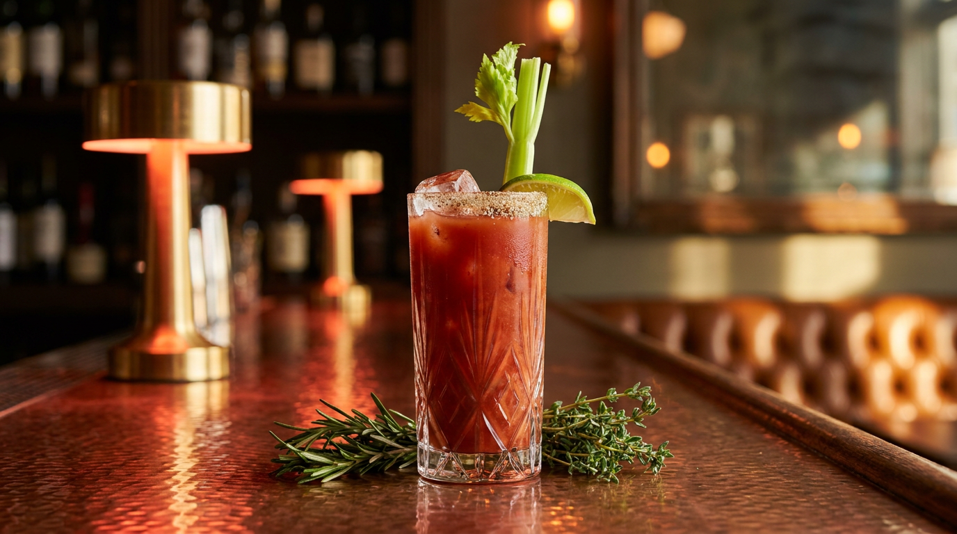 Bloody Caesar rouge épais dans un grand verre à bord de sel de céleri, branche de céleri et quartier de citron vert, comptoir de cuivre