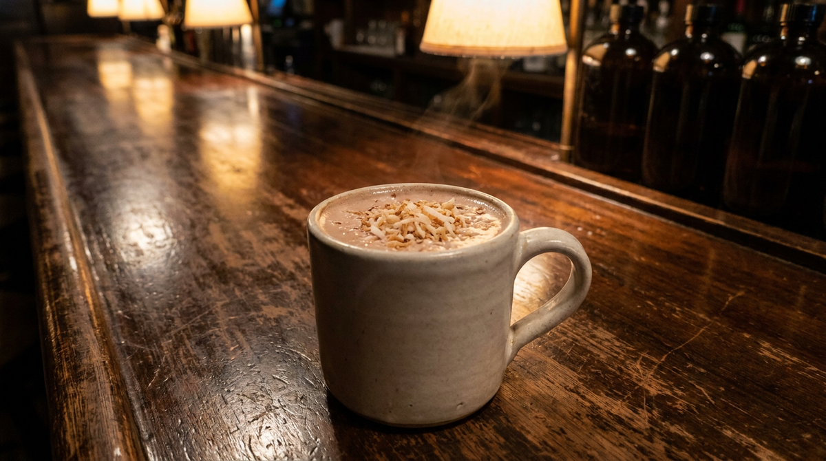 Tasse épaisse remplie d'un chocolat chaud brun clair très onctueux, copeaux de noix de coco posés dessus, comptoir de bois ciré sombre, lumière chaude et basse