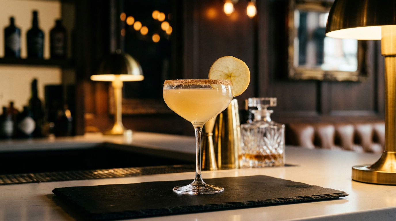 Coupe à cocktail au bord givré de sucre à la cannelle, remplie d'un cocktail à la pomme doré pâle, lamelle de pomme sur le bord, sur une ardoise noire