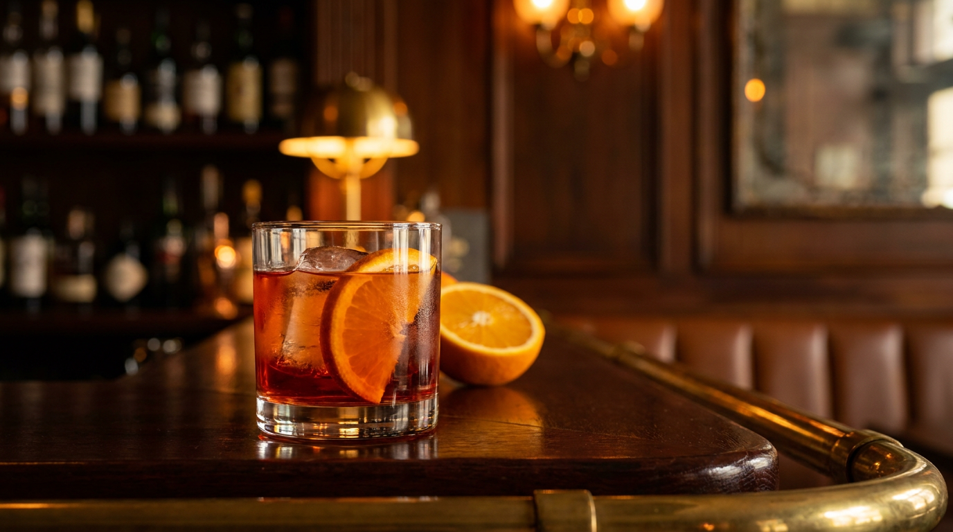 Virgin negroni sur un gros glaçon, demi-tranche d'orange, sur un comptoir d'acajou