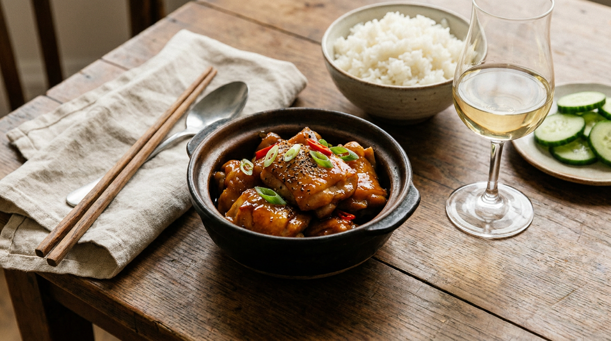 Poulet au caramel vietnamien gà kho dans une marmite en terre, morceaux laqués ambre foncé, oignon nouveau et piment, bol de riz, verre de vin blanc