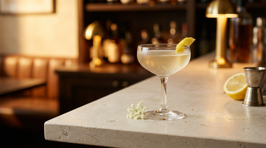 Vieux Mot paille doré dans une coupe, zeste de citron sur le bord et brin de fleur de sureau posé à côté, comptoir de pierre de Lavoux