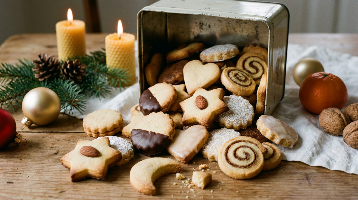 Bredele de Noël alsaciens aux formes nettes, étoiles et croissants dorés, débordant d'une boîte en fer
