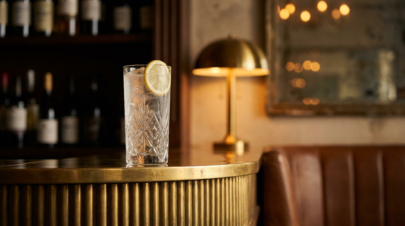 Rum Collins dans un grand verre étroit, rondelle de citron et cerise, plateau de rotin tressé