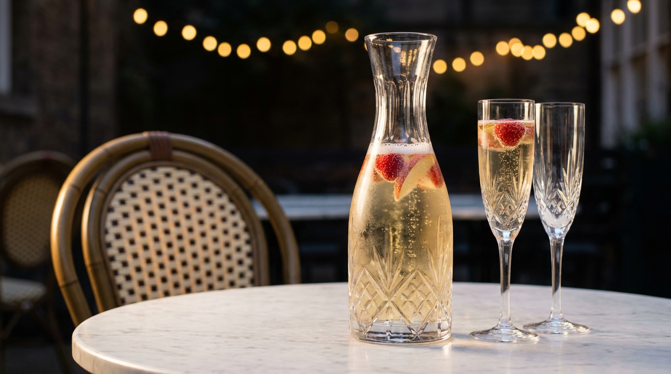 Carafe de crémant aux fraises et à la pêche, deux flûtes à côté, sur une table de marbre en terrasse au crépuscule