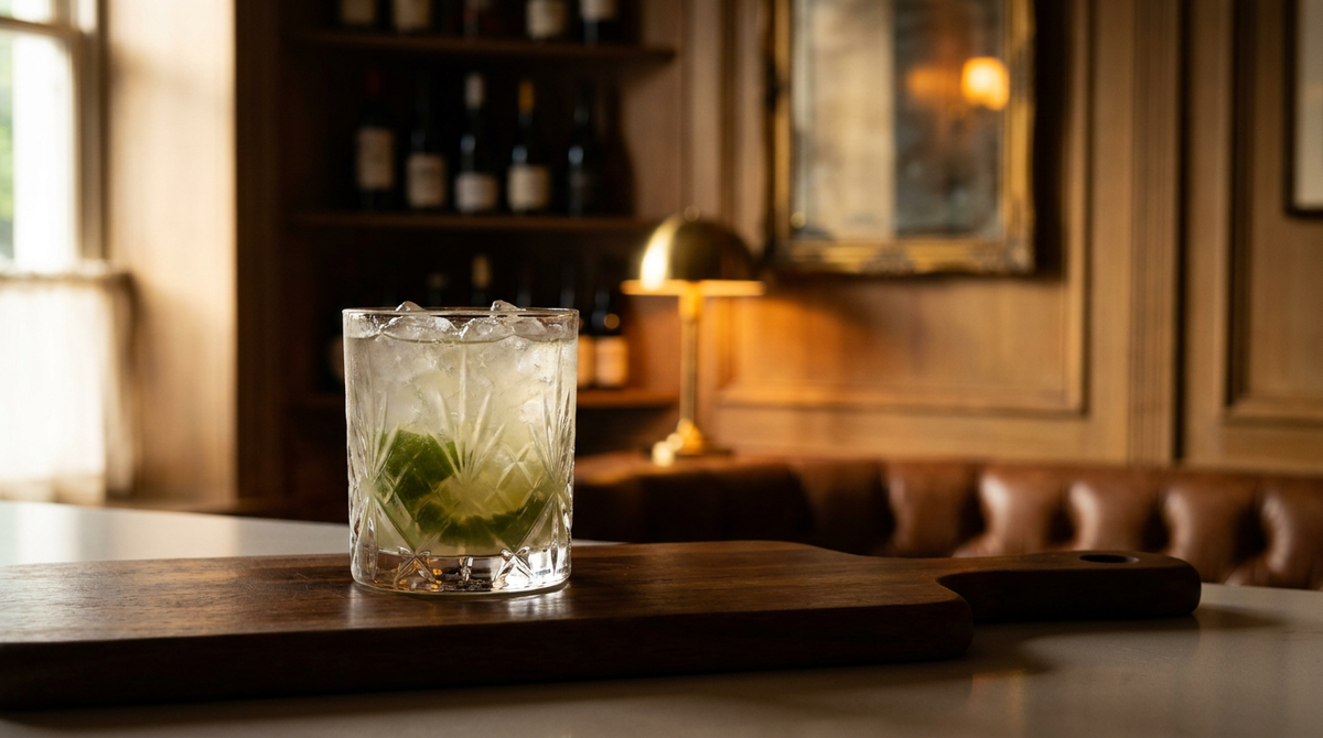 Caipirissima dans un verre épais, quartiers de citron vert et glace pilée, planche de bois de cumaru