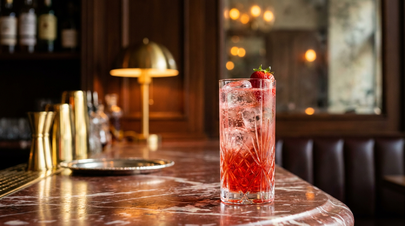 Diabolo fraise dans un grand verre, bulles fines et fraise sur le bord, guéridon de marbre rouge