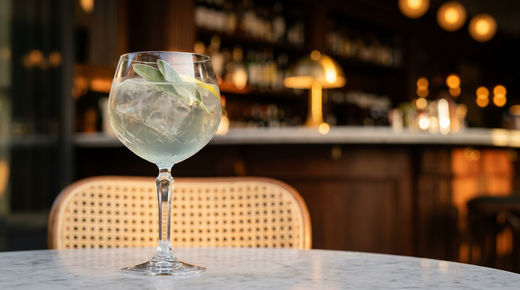 Cocktail à la sauge gris vert pâle dans un verre à pied sur glace, feuilles de sauge, table de terrasse en marbre