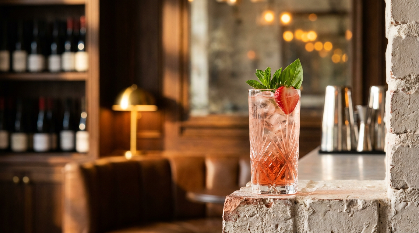 Mocktail fraise menthe basilic dans un grand verre, fraise, menthe et basilic, rebord de brique peinte en blanc