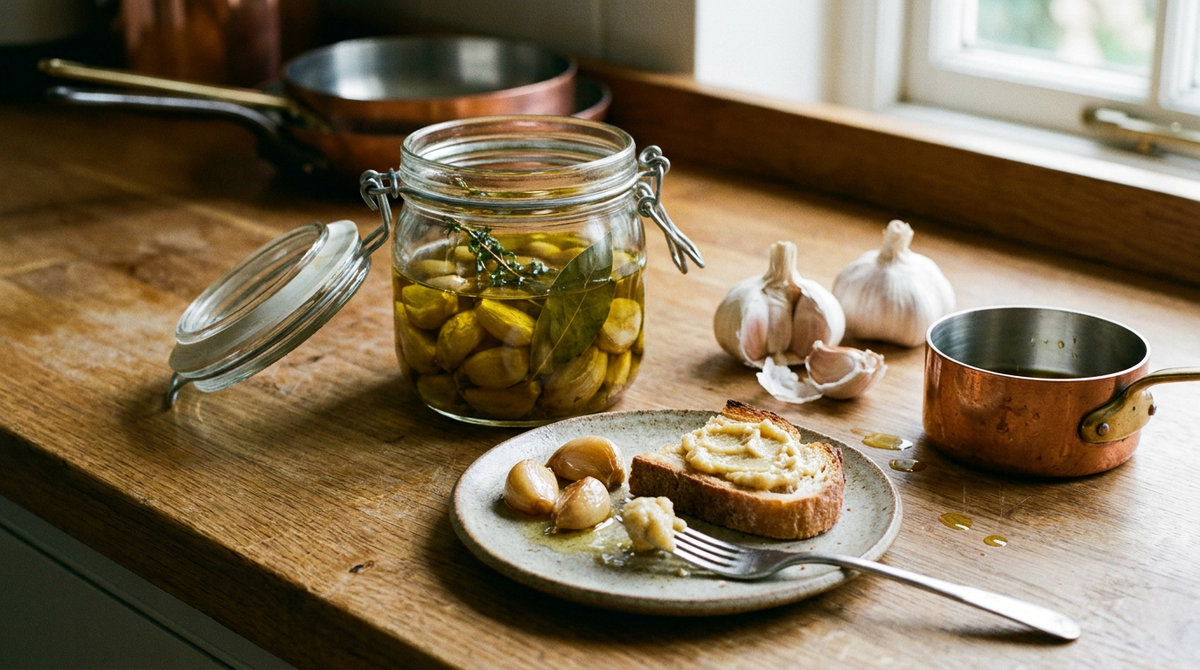 Ail confit maison, gousses dorées et fondantes dans un bocal d'huile d'olive au thym et au laurier, gousses écrasées sur une tartine grillée, fourchette à plat, têtes d'ail et petite casserole en cuivre sur un plan de travail en bois