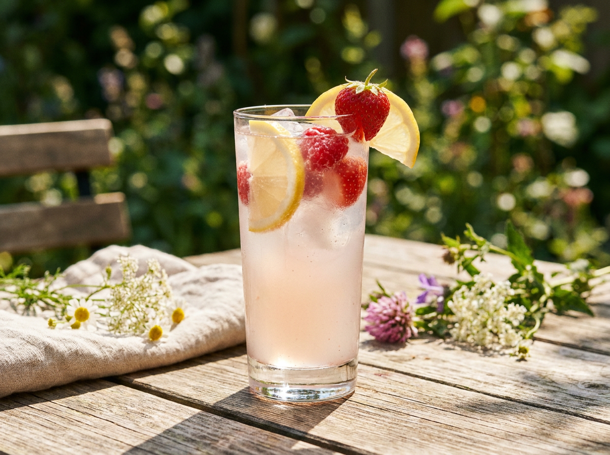Limonade rose maison dans un grand verre sur glace avec fruits rouges et rondelle de citron