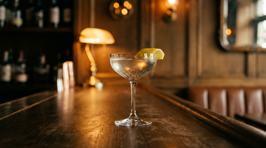 Smoky Martini limpide dans une coupe de cristal givrée, large zeste de citron, comptoir de chêne fumé