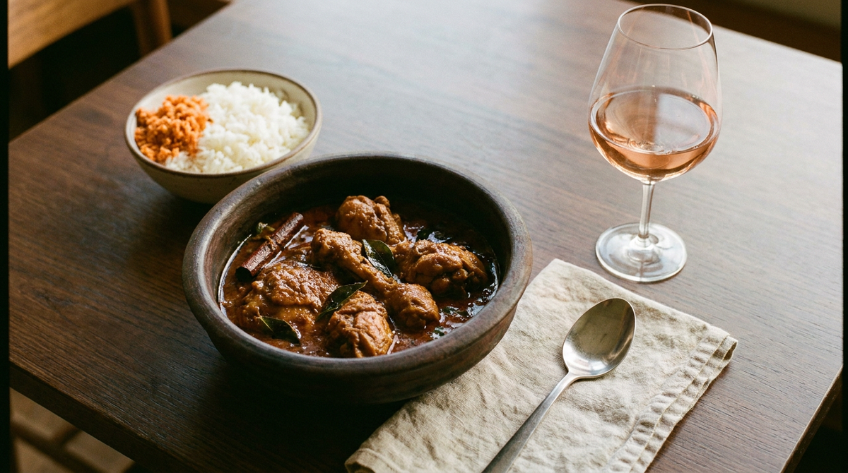 Bol en terre de curry de poulet sri-lankais, morceaux de poulet dans une sauce brun-rouge au curry grillé et au lait de coco, feuilles de curry et bâton de cannelle, bol de riz et sambol de coco, verre de rosé
