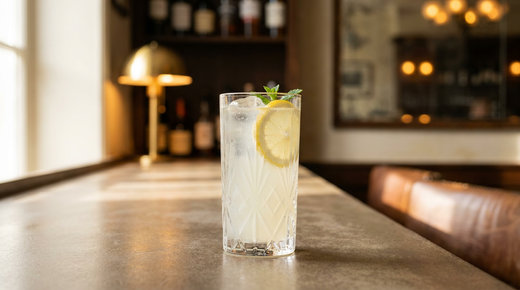 Cloudy lemonade jaune pâle opaque et légèrement pétillante, tranche de citron et menthe, comptoir de béton ciré taupe