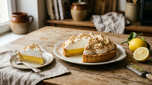 Tarte au citron meringuée sur un plat ancien, meringue pochée en volutes dorées au chalumeau, une part coupée montrant la pâte sablée, la crème au citron ferme et la meringue