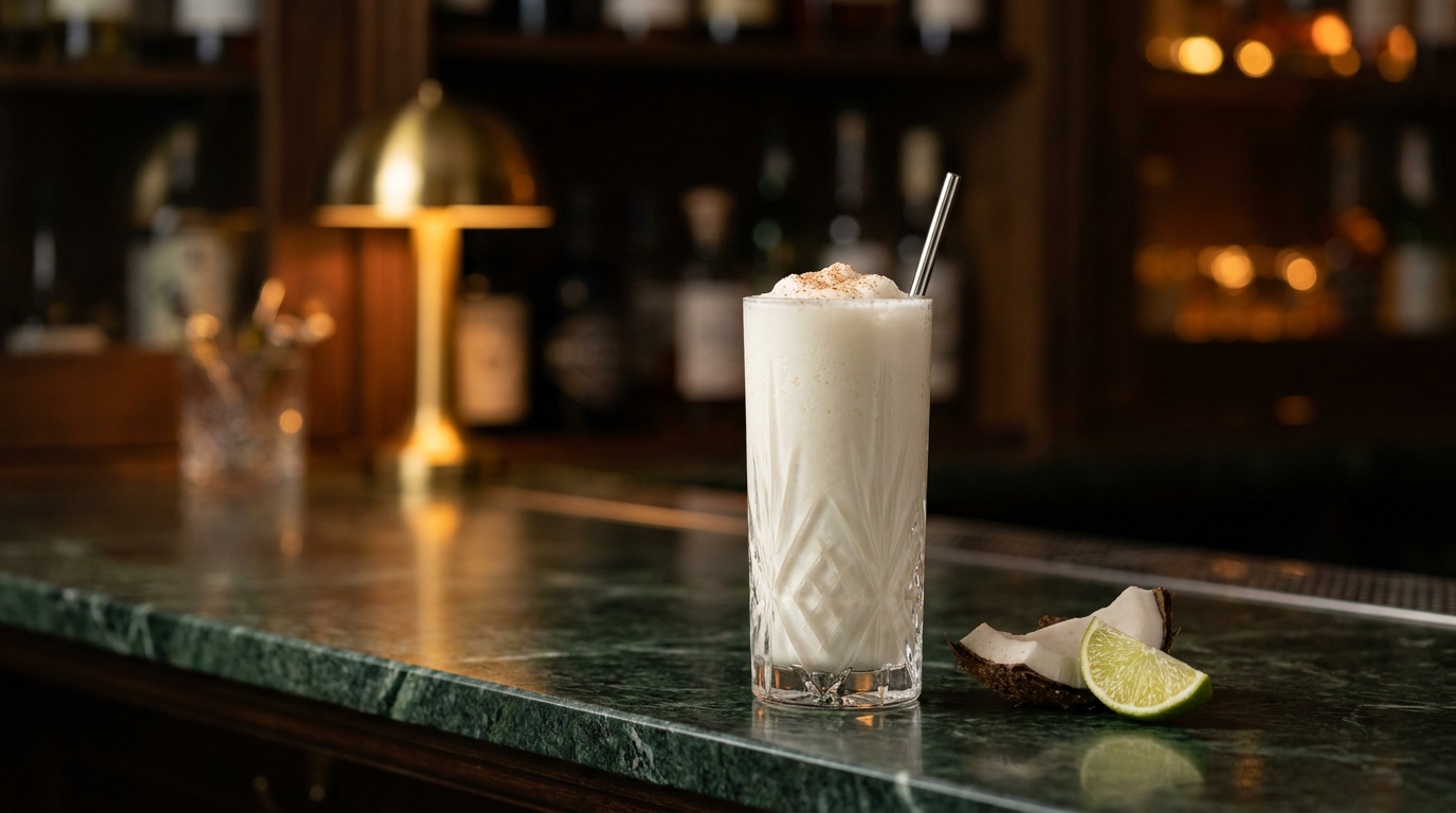 Batida de coco en verre haut, texture crémeuse et muscade, sur un comptoir de marbre vert
