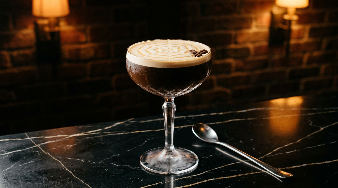 Cocktail d'Halloween au café en coupette givrée, toile d'araignée dessinée sur la crema et trois grains de café, sur un comptoir de marbre noir dans un bar à briques tamisé