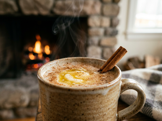 Hot Buttered Rum fumant dans un mug, tourbillon de beurre fondu et cannelle