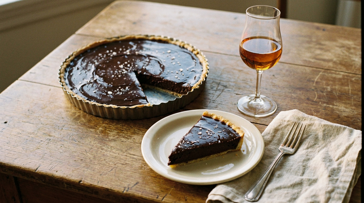 Tarte au chocolat entière à la ganache brillante et fleur de sel, une part servie montrant la ganache épaisse sur la pâte fine, table de bois, verre de vin liquoreux