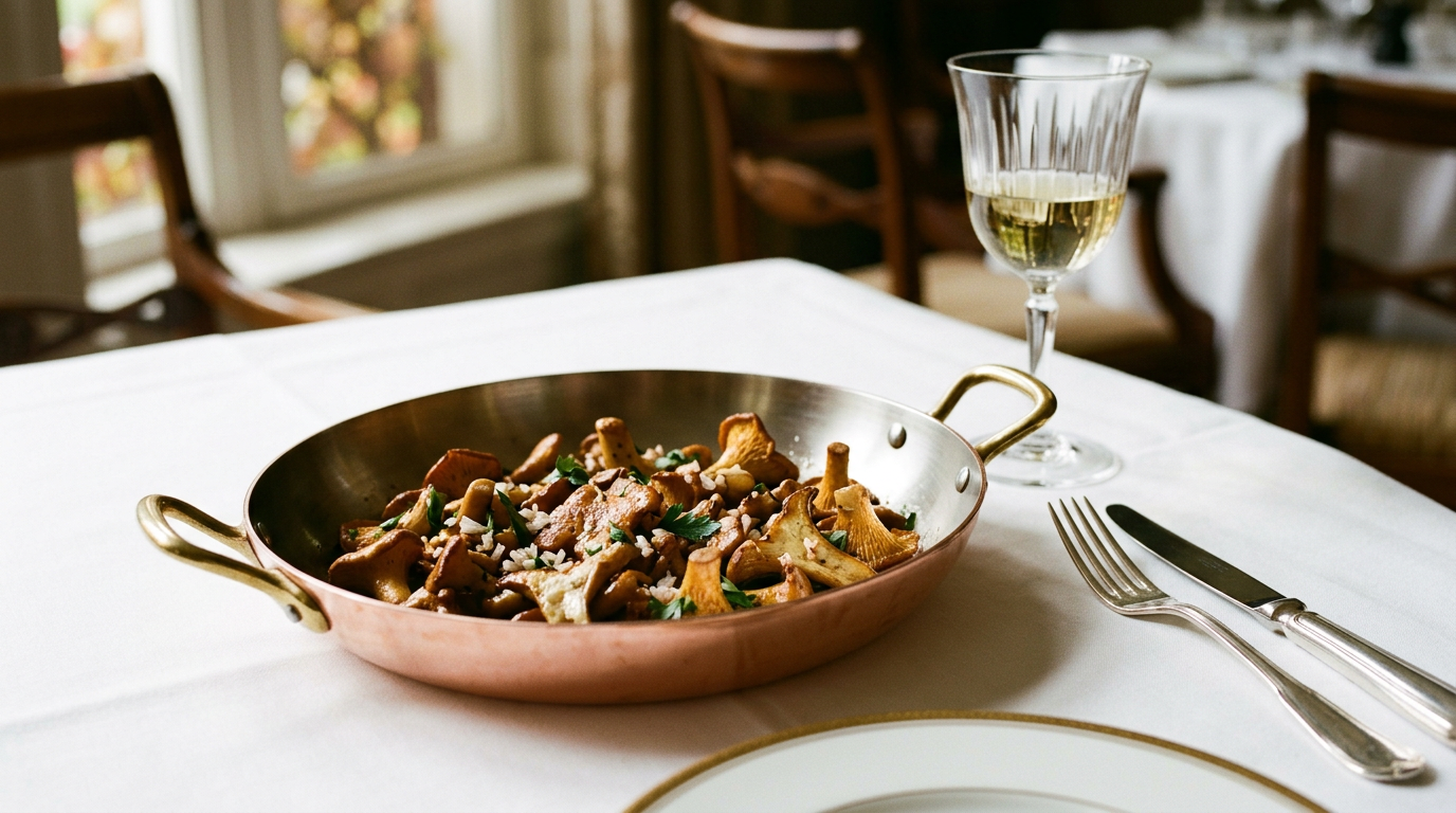 Poêlée de girolles dorées de tailles inégales dans un plat en cuivre poli, avec échalote et persil, sur une nappe blanche repassée avec argenterie et verre de vin blanc