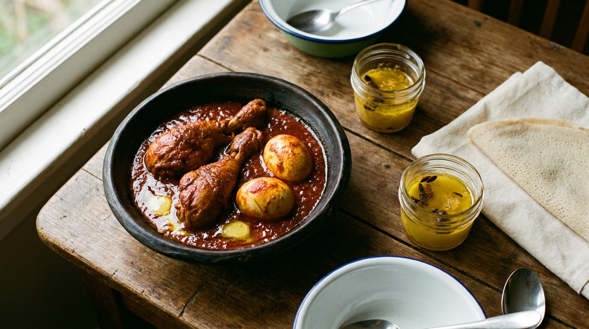 Doro wat éthiopien dans un plat en terre noire, ragoût rouge brique très épais, pilons de poulet et œufs durs entiers incisés, pots de beurre clarifié épicé et injera à côté