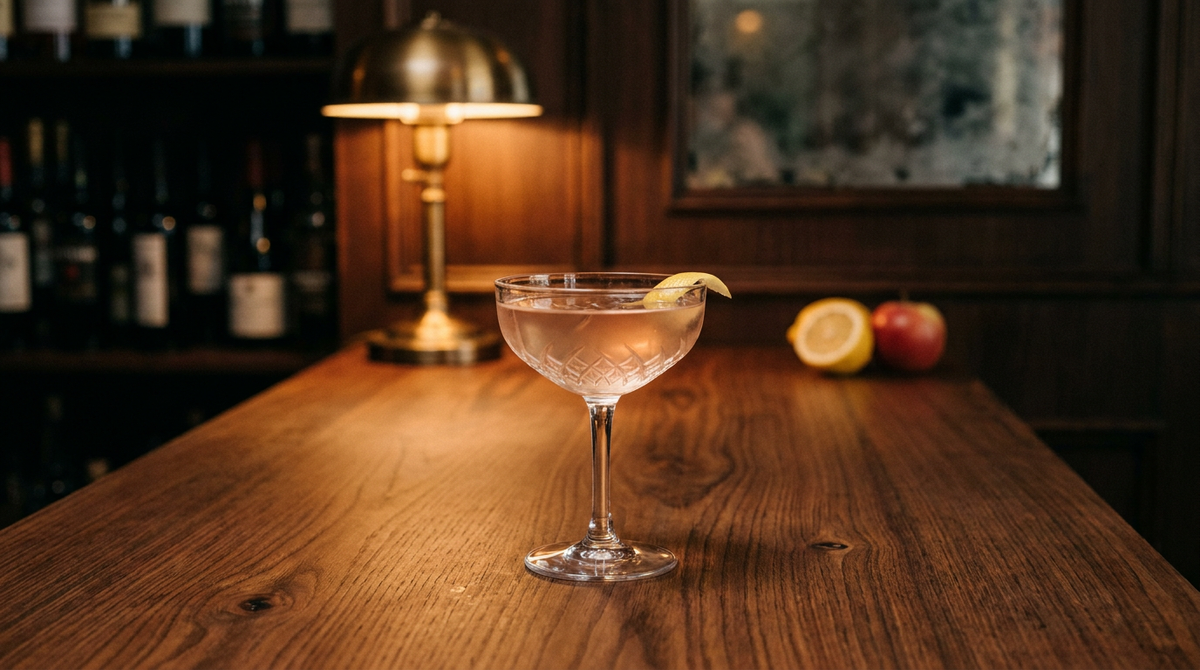 Star Daisy rose doré pâle dans une coupe, zeste de citron sur le bord, comptoir de chêne de Bourgogne