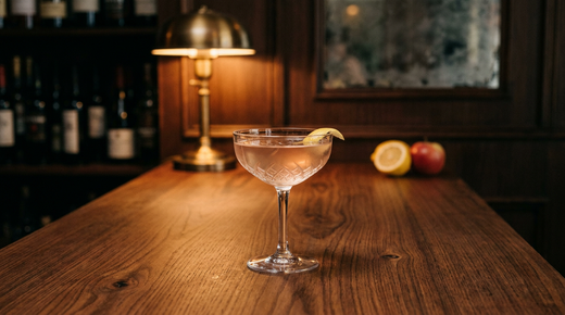 Star Daisy rose doré pâle dans une coupe, zeste de citron sur le bord, comptoir de chêne de Bourgogne