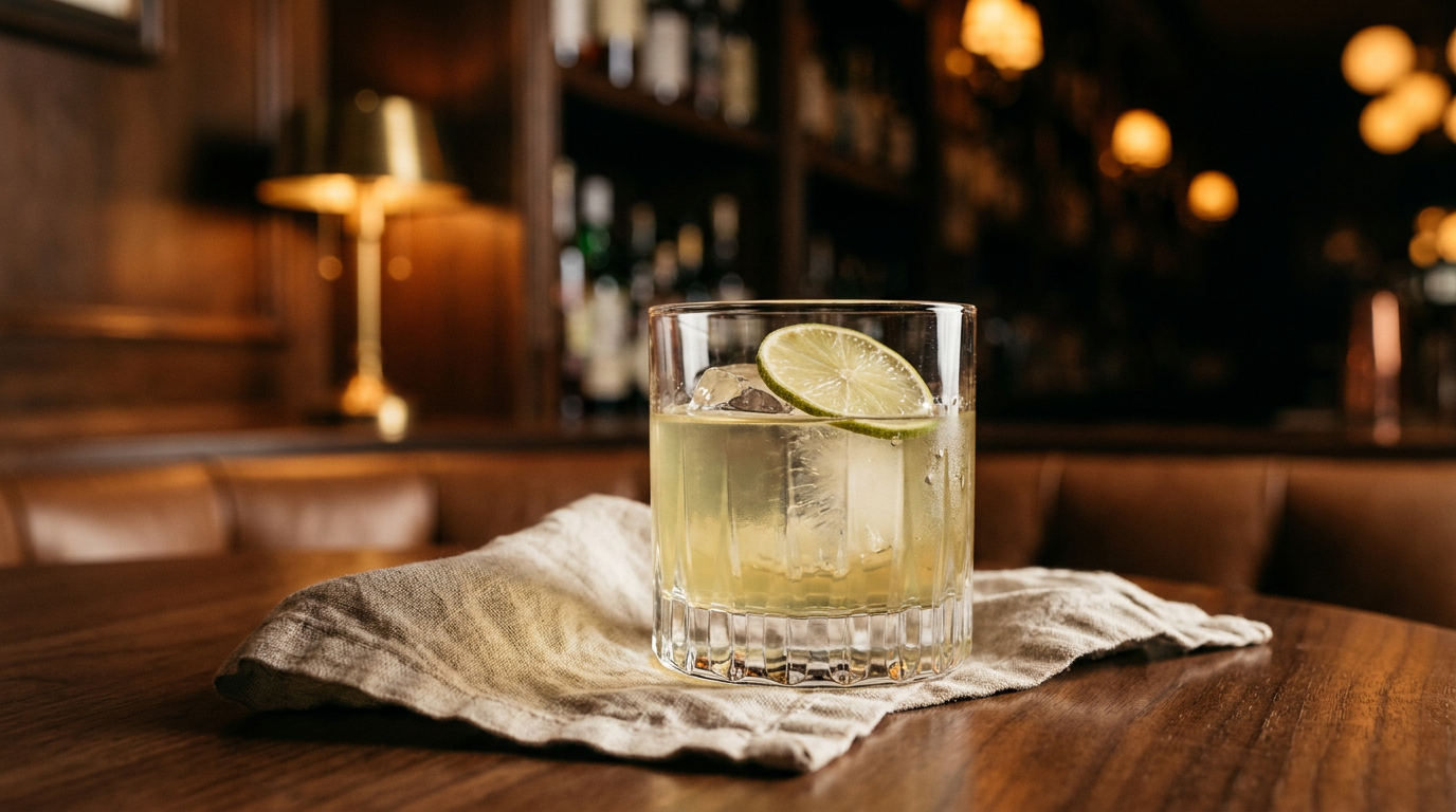 Gimlet sans alcool jaune vert pâle dans un verre bas sur un gros glaçon, rondelle de citron vert, table en noyer et lin