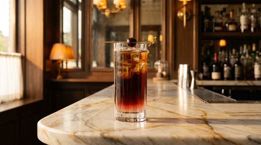 Roy Rogers brun cola avec un fond rouge de grenadine dans un verre haut, cerise sur pique, comptoir de quartzite clair