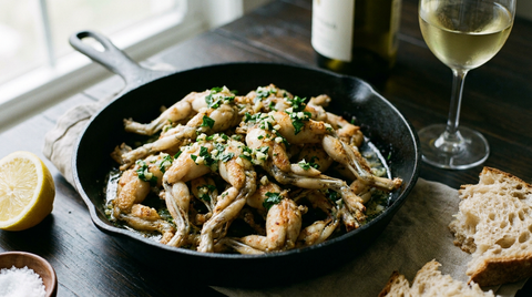Cuisses de grenouille dorées en poêle de fonte, persillade d'ail et persil, beurre mousseux, citron et pain de campagne