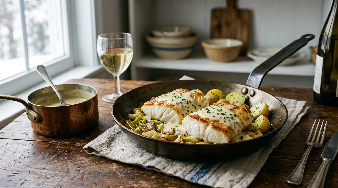 Deux dos de cabillaud nacrés en grosses lamelles dans une poêle, napés de beurre blanc et de ciboulette, avec poireaux fondus et pommes de terre vapeur, casserole de sauce et verre de vin blanc