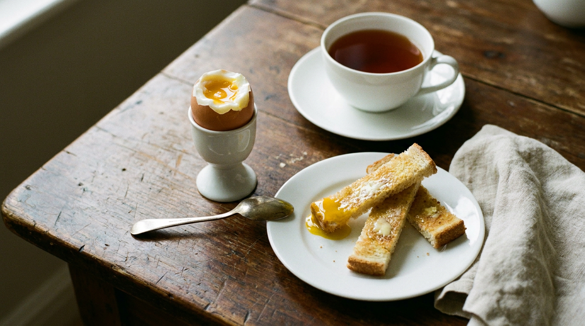 Œuf à la coque dans un coquetier blanc, chapeau ôté, jaune coulant, mouillettes de pain grillé beurré sur une petite assiette, cuillère à plat, tasse de thé noir, table en bois
