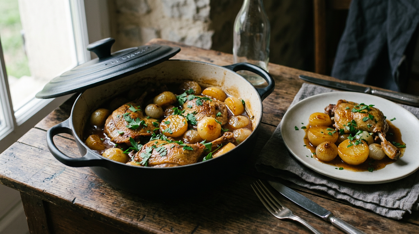 Canard aux navets dans une cocotte en fonte : morceaux de canard dorés en sauce brune, navets glacés blonds et brillants, petits oignons et persil, assiette servie à côté