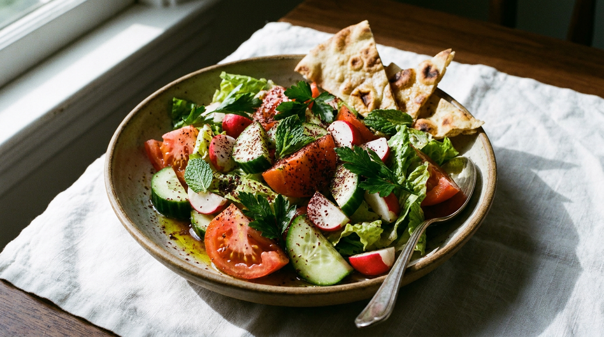 Fattoush libanais en saladier, gros morceaux de tomate, concombre et radis avec des éclats de pain grillé et une pluie de sumac