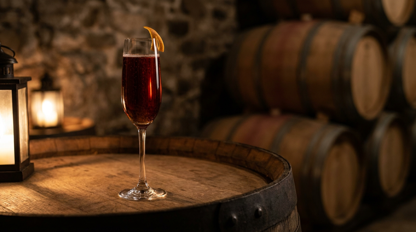 Flûte de Nelson's Blood, robe acajou profonde et zeste d'orange, sur un fond de tonneau en cave