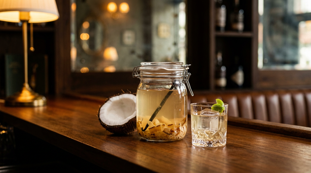 Bocal de rhum arrangé à la noix de coco, copeaux de coco dorés et gousse de vanille dans le rhum pâle, sur un comptoir de teck huilé, petit verre servi, demi-noix de coco à côté, bar chaleureux flou