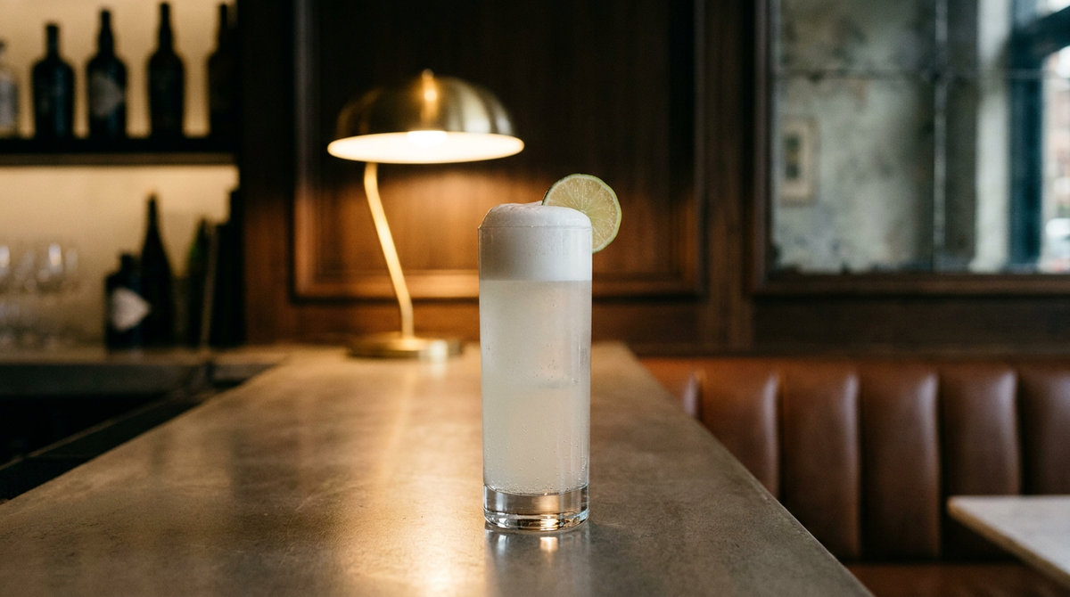 Mezcal fizz trouble et mousseux en verre long, coiffé d'une mousse de blanc d'oeuf et d'une roue de citron vert, sur un comptoir de béton ciré