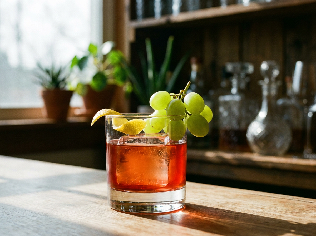 Cocktail Enzoni rouge ambré sur glaçon dans un verre bas, grappe de raisin