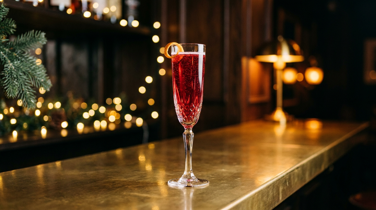 Virgin Poinsettia rouge clair pétillant dans une flûte à champagne, zeste d'orange sur le bord, comptoir de laiton poli, guirlande dorée floue dans un bar chic