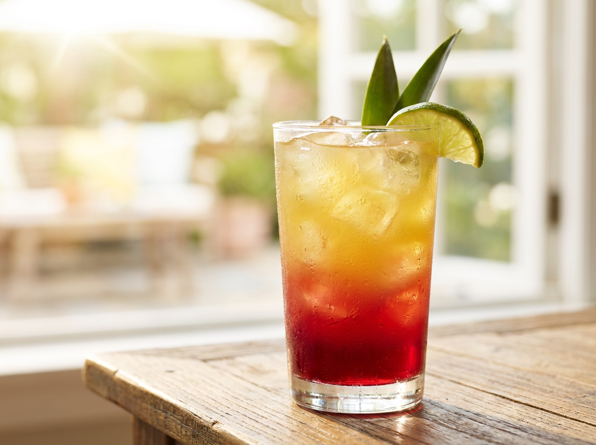 Bay Breeze, long drink vodka ananas cranberry en dégradé rose et doré dans un verre highball