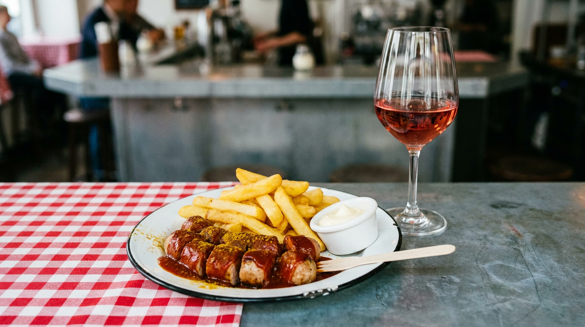 Currywurst sur une assiette en émail, rondelles de saucisse grillée nappées de sauce tomate au curry, frites, mayonnaise, verre de vin rouge, nappe à carreaux, comptoir de bistrot