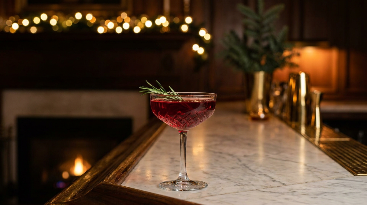 Coupe en cristal d'un cocktail rouge rubis à la cranberry, brin de romarin sur le bord, sur un comptoir de marbre, guirlande lumineuse floue et feu de cheminée au fond