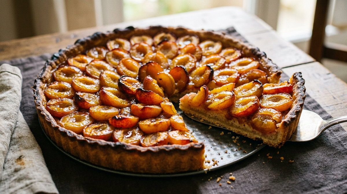 Tarte aux mirabelles dorée, moitiés de prunes serrées et caramélisées, pâte croustillante, une part coupée
