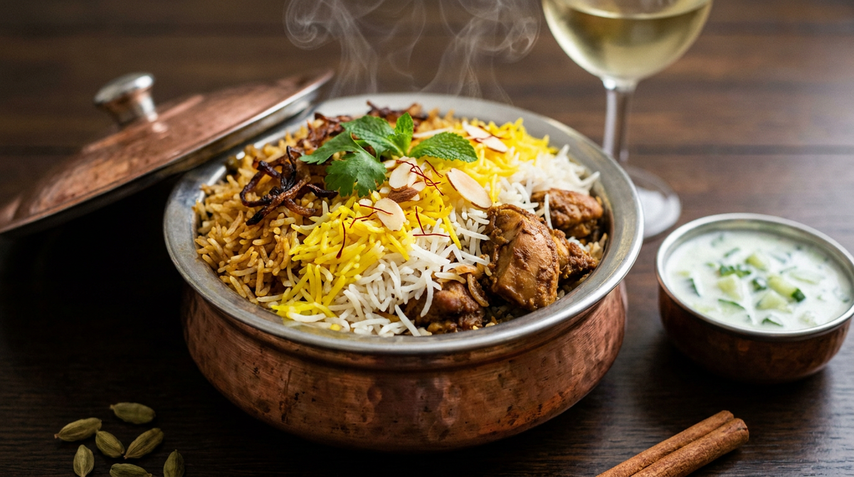 Biryani au poulet dans une marmite en cuivre ouverte, riz basmati en zones blanches, safran et brunes, oignons frits, menthe et raita