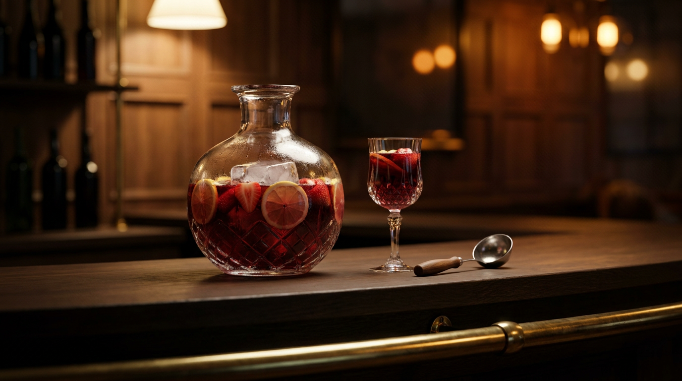 Carafe de cristal de sangria pour 10 personnes, tranches d'orange, fraises et bloc de glace, sur un comptoir de chêne