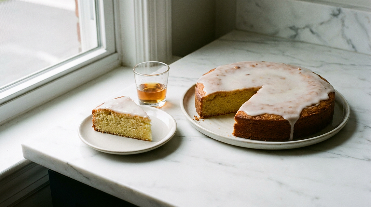 Gâteau nantais rond au glaçage blanc, une part coupée montrant la mie dorée aux amandes, marbre blanc, lumière de fenêtre