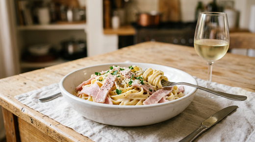 Tagliatelles à la crème et au jambon blanc, sauce bien accrochée aux pâtes, parmesan et poivre concassé, dans une assiette creuse sur une table de cuisine familiale