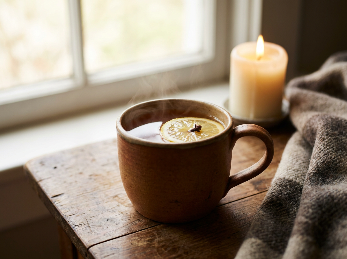 Grog au rhum fumant dans un mug en céramique, rondelle de citron et clou de girofle